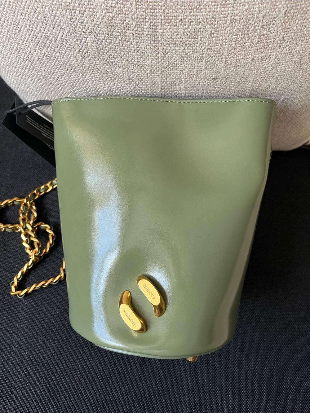 Rebecca Minkoff Olive Green Bucket Bag with Gold Chain
